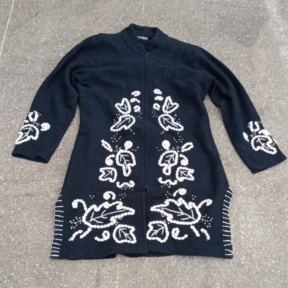 Kenar Wool Black Zip Up Leaf Embroidery Womens Sweater Cardigan XL